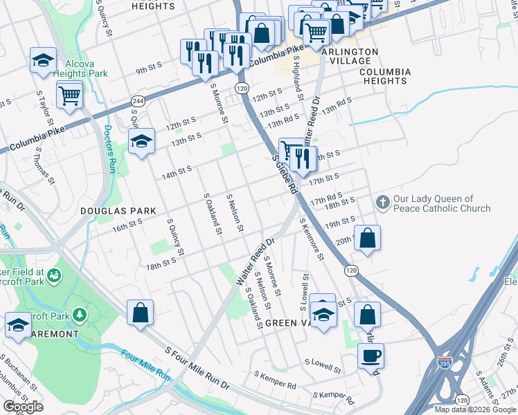 map of restaurants, bars, coffee shops, grocery stores, and more near 1705 South Monroe Street in Arlington