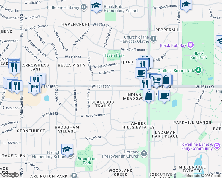 map of restaurants, bars, coffee shops, grocery stores, and more near 15600 West 151st Terrace in Olathe