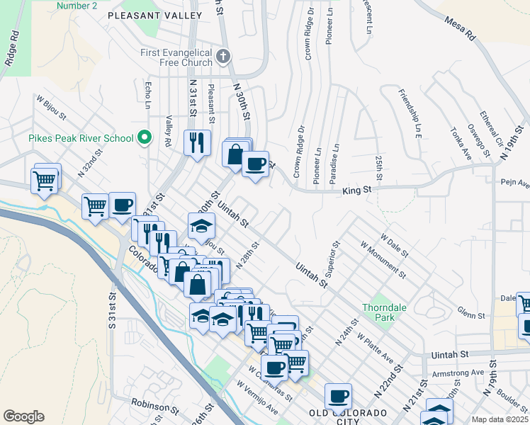 map of restaurants, bars, coffee shops, grocery stores, and more near 417 Glen View Court in Colorado Springs