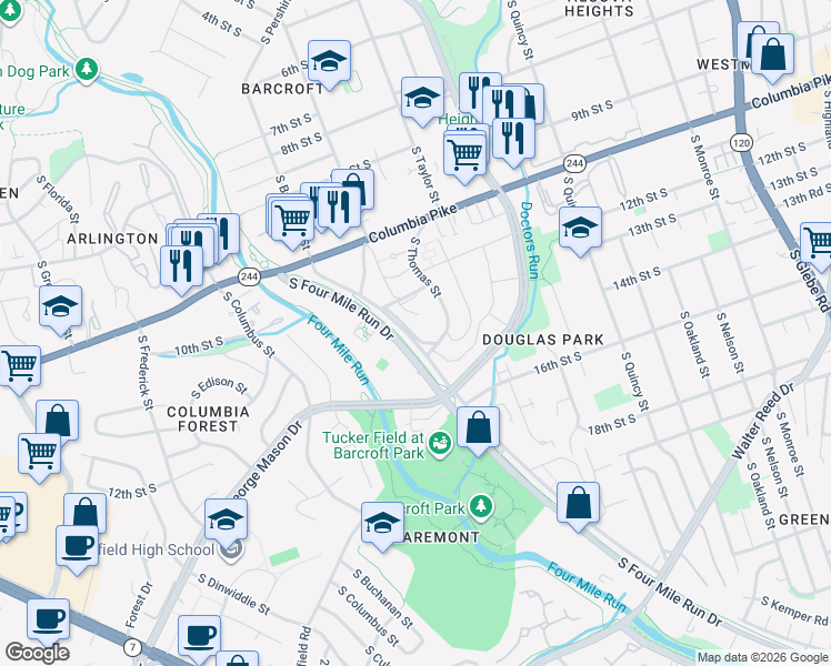 map of restaurants, bars, coffee shops, grocery stores, and more near 4437 South Four Mile Run Dr Service Road in Arlington