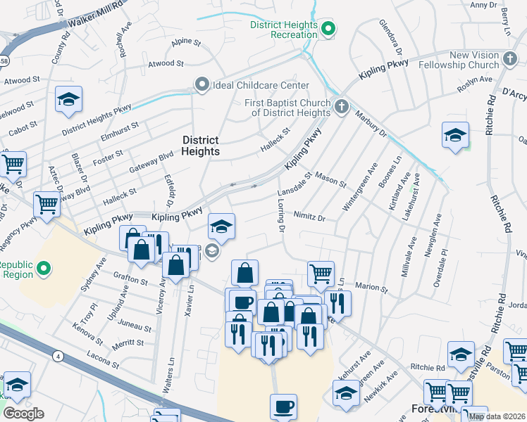 map of restaurants, bars, coffee shops, grocery stores, and more near 7012 Nimitz Dr in District Heights