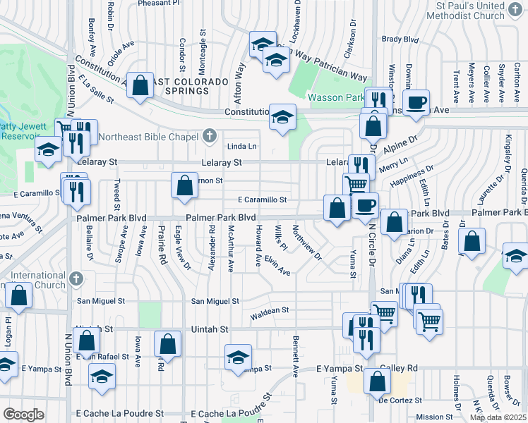 map of restaurants, bars, coffee shops, grocery stores, and more near 2542 Palmer Park Boulevard in Colorado Springs