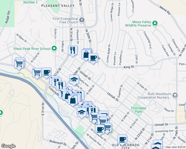 map of restaurants, bars, coffee shops, grocery stores, and more near 417 Glen View Court in Colorado Springs