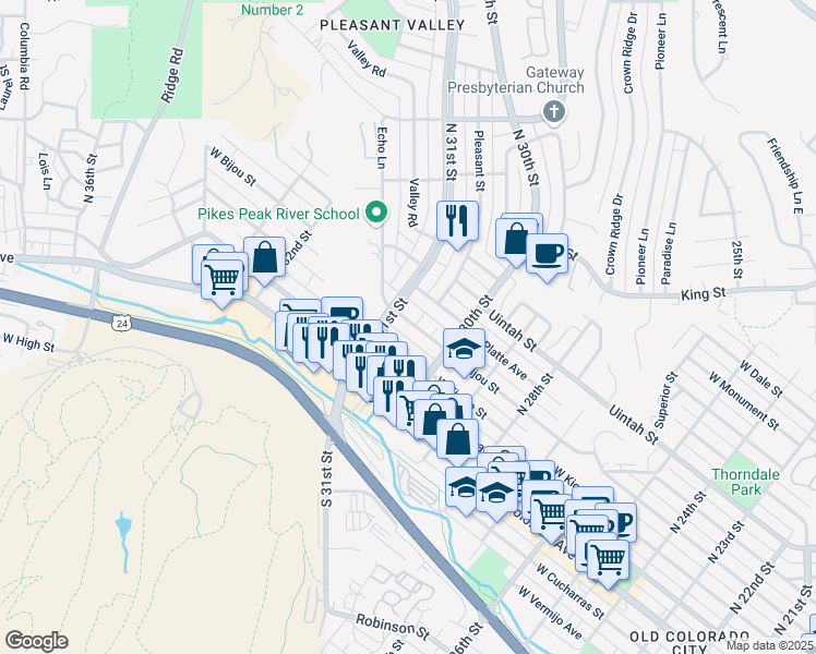 map of restaurants, bars, coffee shops, grocery stores, and more near 3033 West Bijou Street in Colorado Springs