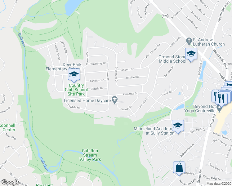 map of restaurants, bars, coffee shops, grocery stores, and more near 14930 Kamputa Drive in Centreville