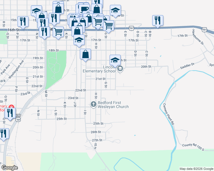 map of restaurants, bars, coffee shops, grocery stores, and more near 2120 G Street in Bedford