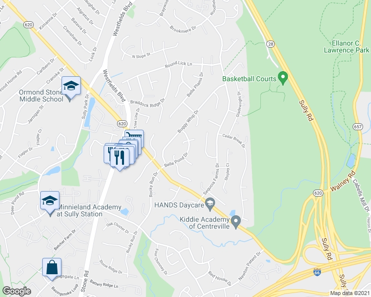 map of restaurants, bars, coffee shops, grocery stores, and more near 5522 Belle Pond Drive in Centreville