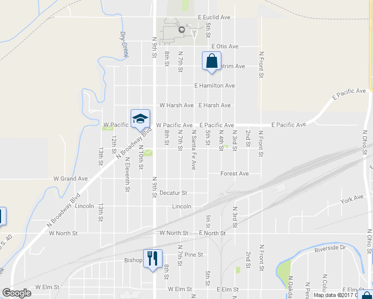 map of restaurants, bars, coffee shops, grocery stores, and more near 115 West Woodland Avenue in Salina