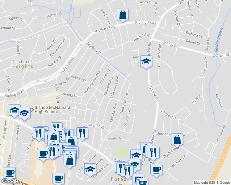 map of restaurants, bars, coffee shops, grocery stores, and more near 2508 Lakehurst Avenue in District Heights