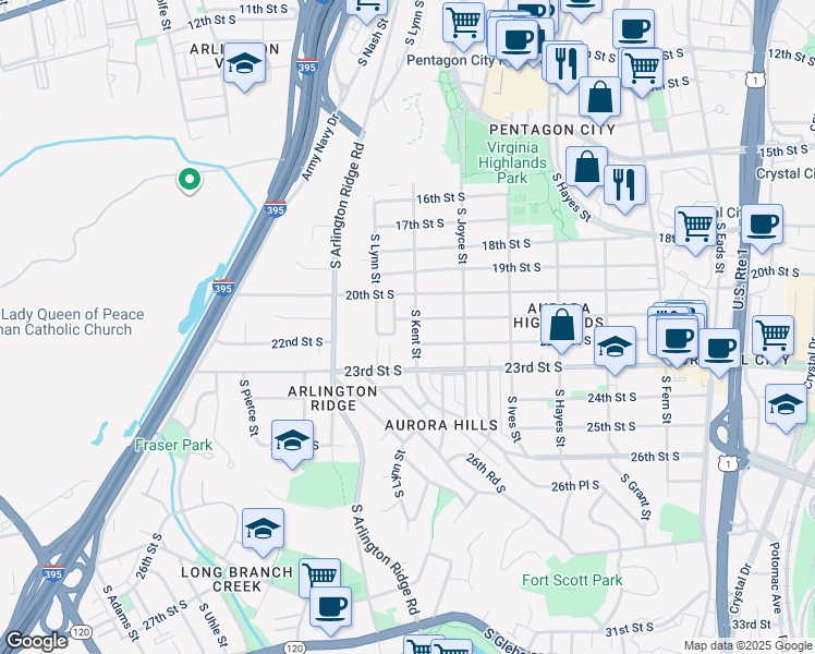 map of restaurants, bars, coffee shops, grocery stores, and more near 1106 21st Street South in Arlington