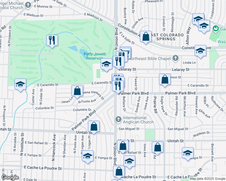map of restaurants, bars, coffee shops, grocery stores, and more near 1512 North Union Boulevard in Colorado Springs