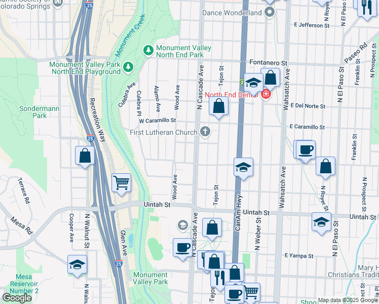 map of restaurants, bars, coffee shops, grocery stores, and more near 1420 North Cascade Avenue in Colorado Springs