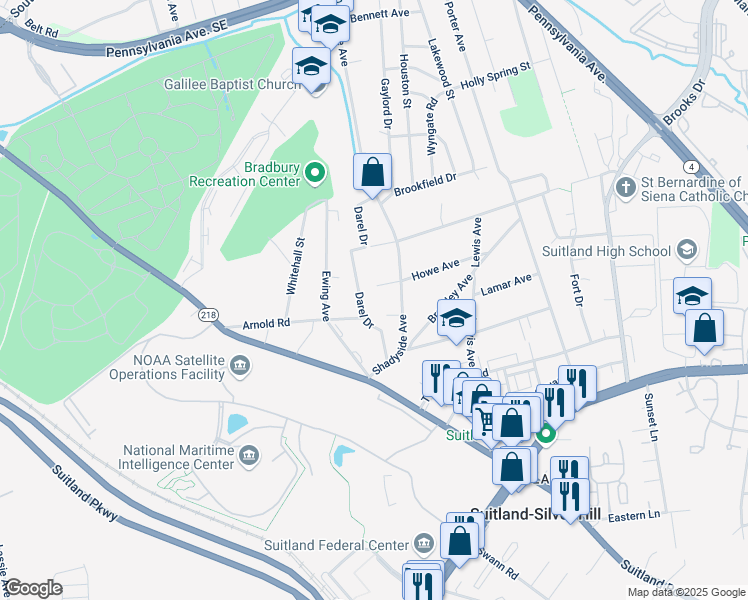 map of restaurants, bars, coffee shops, grocery stores, and more near 2514 Darel Drive in Suitland-Silver Hill