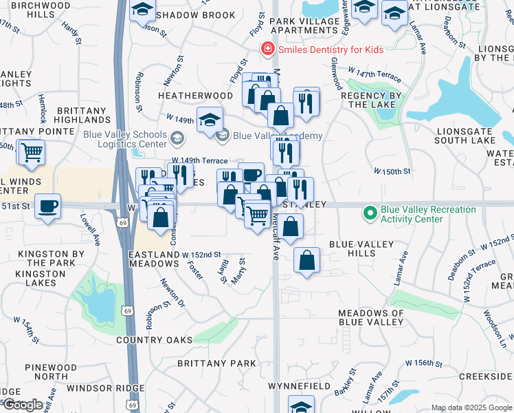 map of restaurants, bars, coffee shops, grocery stores, and more near 7201 West 151st Street in Overland Park