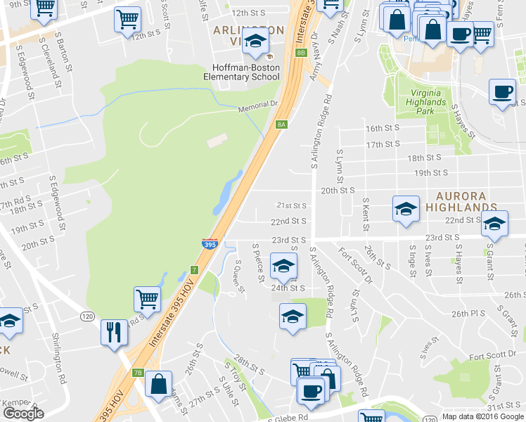 map of restaurants, bars, coffee shops, grocery stores, and more near 2109 S Pierce St in Arlington