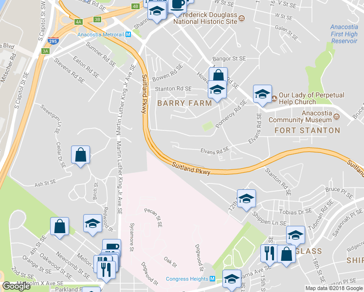 map of restaurants, bars, coffee shops, grocery stores, and more near 2533 Elvans Road Southeast in Washington