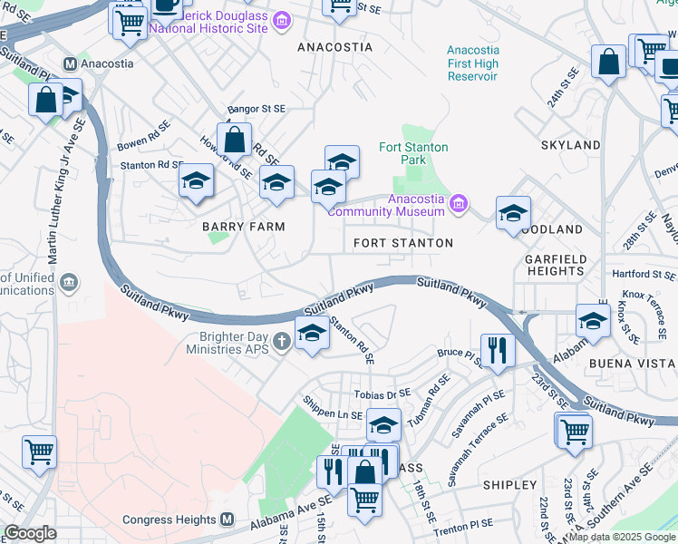 map of restaurants, bars, coffee shops, grocery stores, and more near 2420 15th Place Southeast in Washington