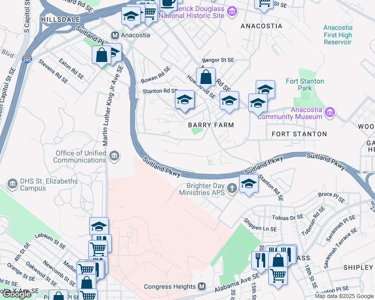 map of restaurants, bars, coffee shops, grocery stores, and more near 2469 Elvans Road Southeast in Washington