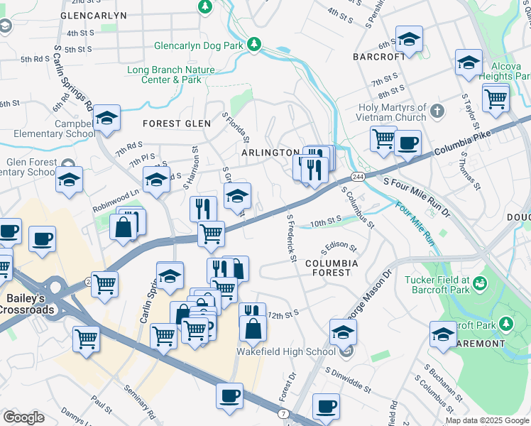 map of restaurants, bars, coffee shops, grocery stores, and more near 5353 Columbia Pike in Arlington