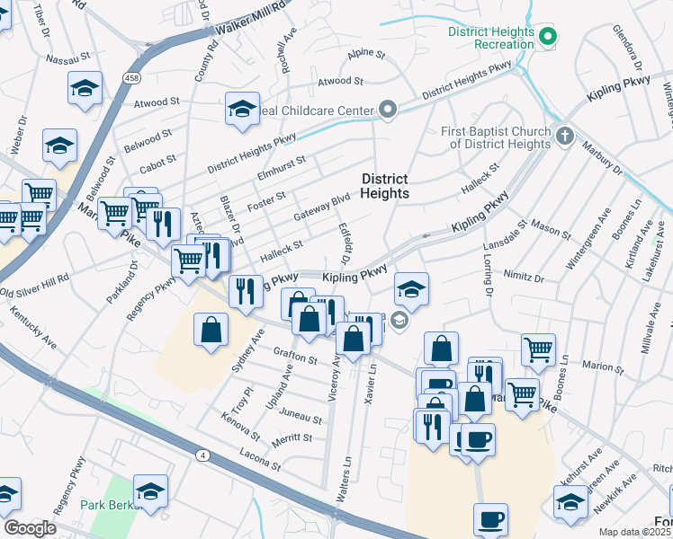 map of restaurants, bars, coffee shops, grocery stores, and more near 6630 Kipling Parkway in District Heights