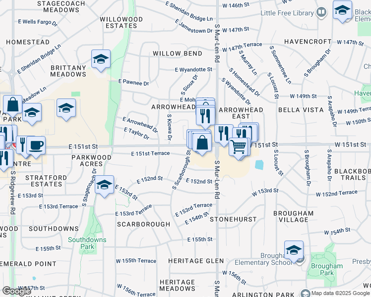 map of restaurants, bars, coffee shops, grocery stores, and more near 1801 South Scarborough Street in Olathe