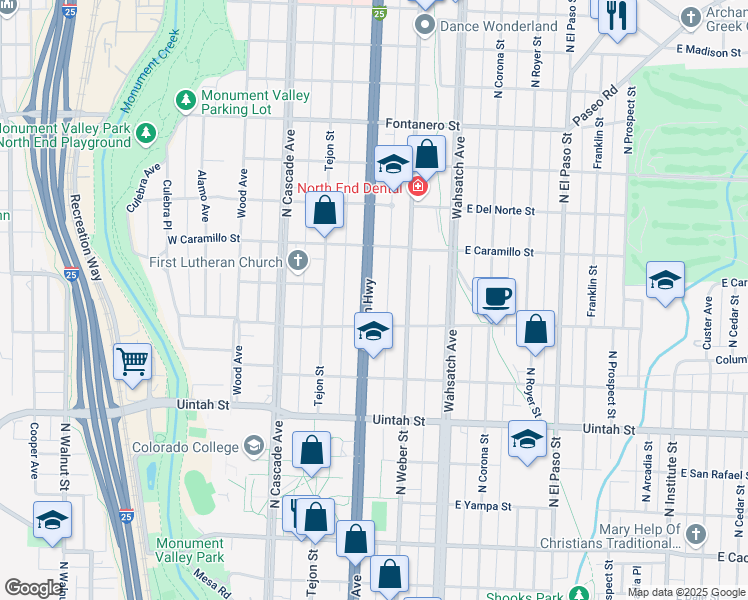map of restaurants, bars, coffee shops, grocery stores, and more near 1423 North Nevada Avenue in Colorado Springs