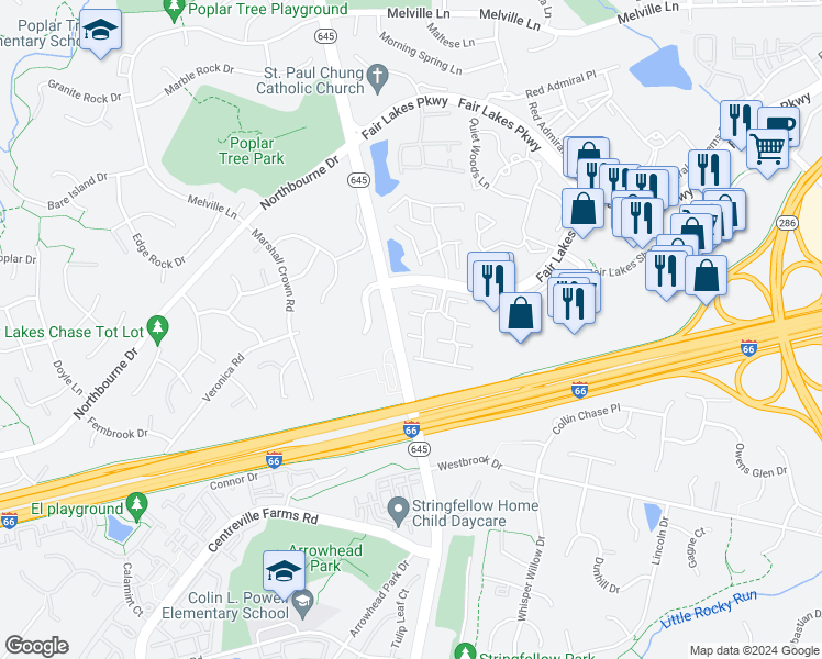 map of restaurants, bars, coffee shops, grocery stores, and more near 13110 Willow Stream Lane in Fairfax