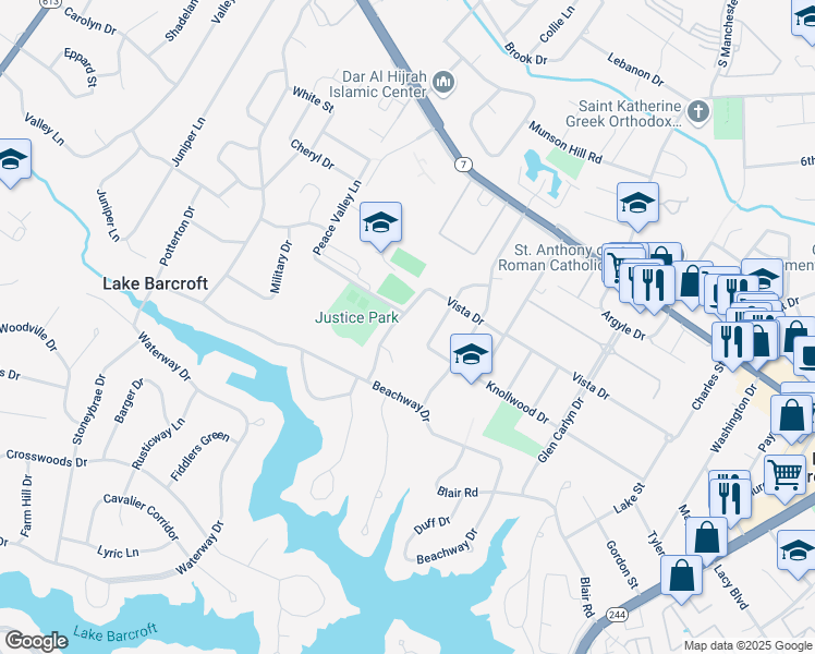map of restaurants, bars, coffee shops, grocery stores, and more near 3335 Mansfield Road in Falls Church