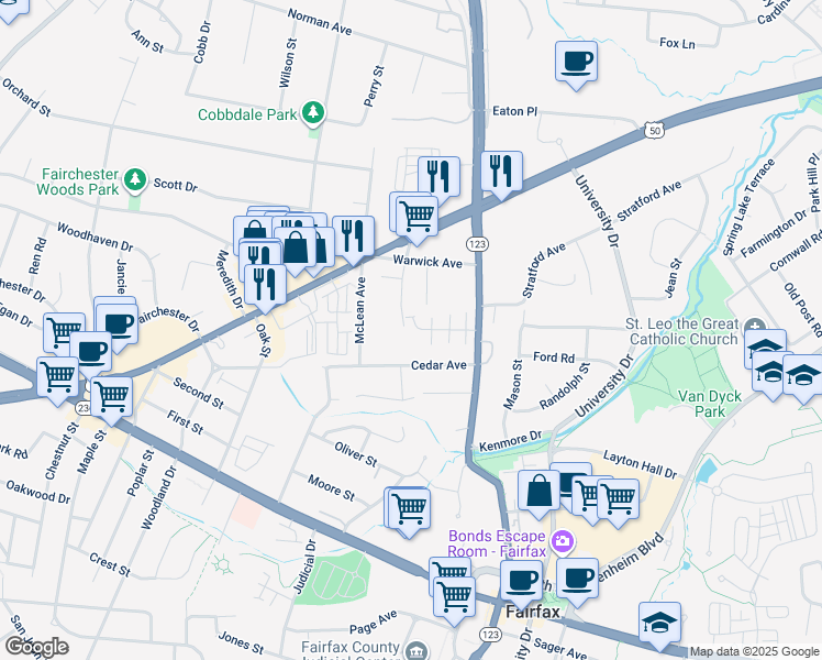 map of restaurants, bars, coffee shops, grocery stores, and more near 10532 Providence Way in Fairfax