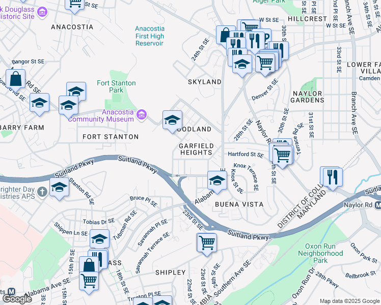 map of restaurants, bars, coffee shops, grocery stores, and more near 2304 Hartford Street Southeast in Washington