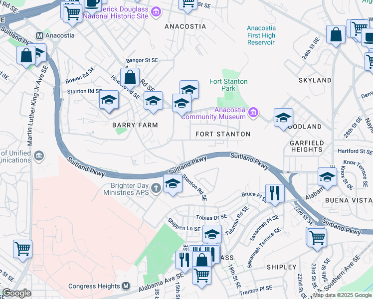 map of restaurants, bars, coffee shops, grocery stores, and more near 2420 15th Place Southeast in Washington