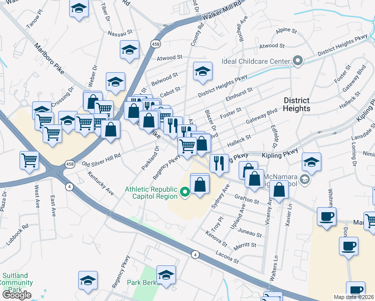 map of restaurants, bars, coffee shops, grocery stores, and more near 6300 Marlboro Pike in District Heights