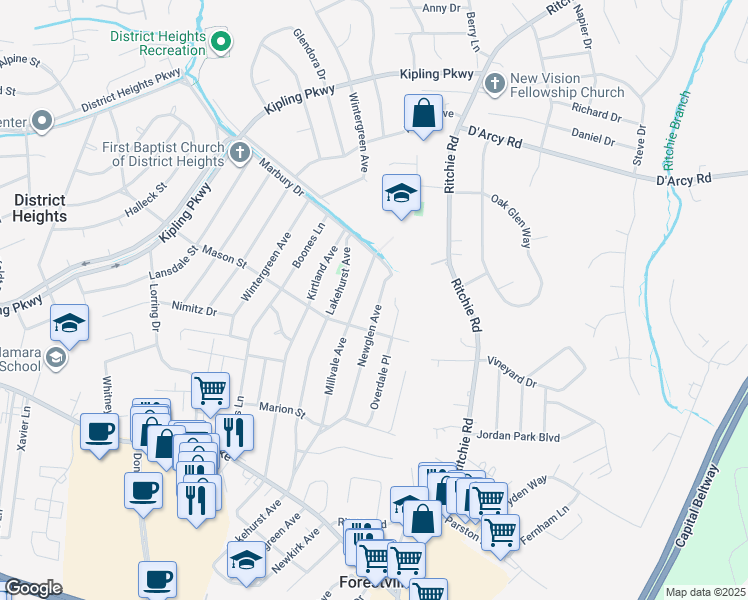 map of restaurants, bars, coffee shops, grocery stores, and more near 2511 Newglen Avenue in District Heights