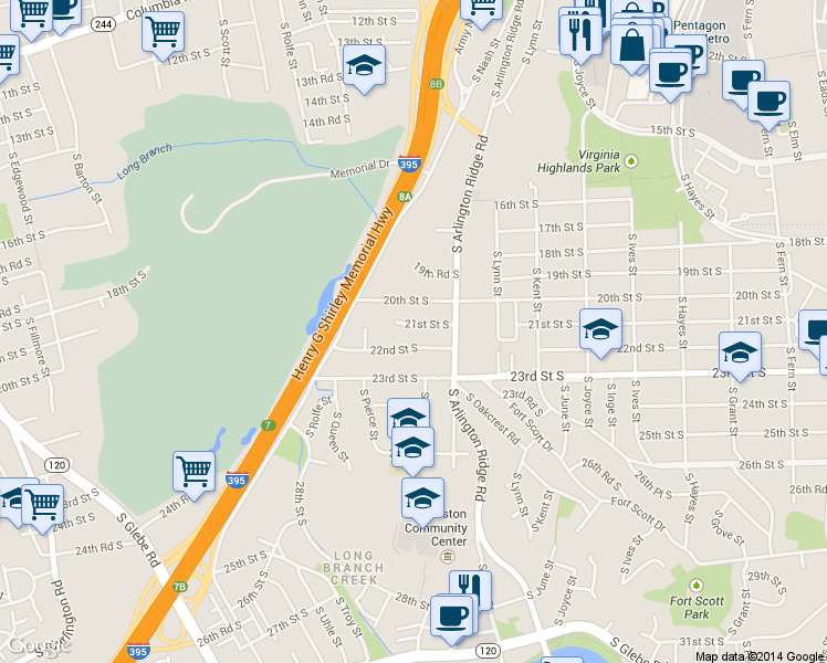 map of restaurants, bars, coffee shops, grocery stores, and more near 1410 21st St S in Arlington