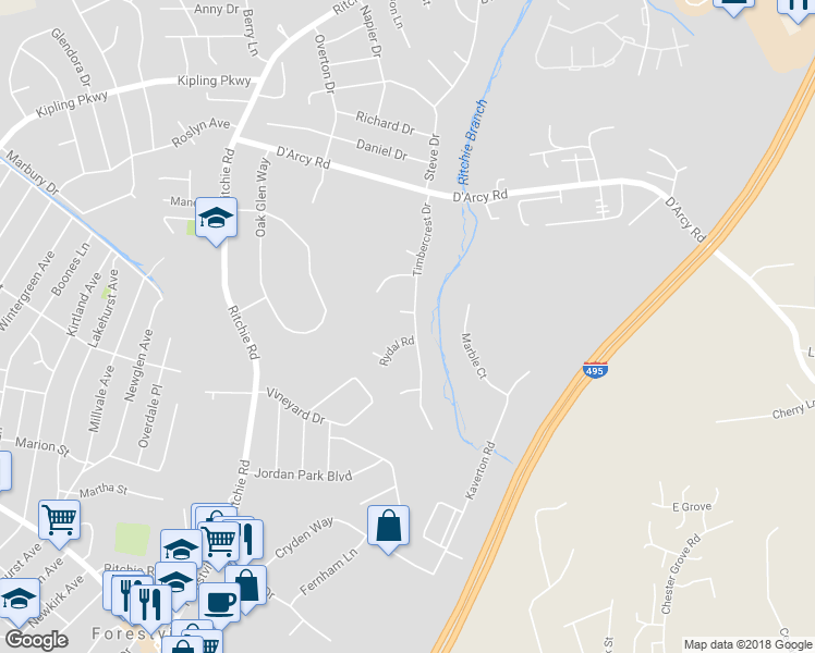 map of restaurants, bars, coffee shops, grocery stores, and more near 2503 Timbercrest Drive in District Heights