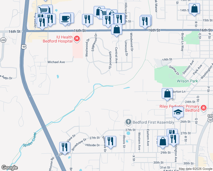 map of restaurants, bars, coffee shops, grocery stores, and more near Milwaukee Road Transportation Trailway in Bedford
