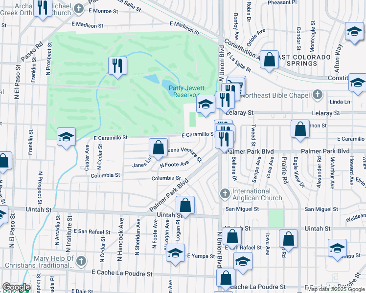 map of restaurants, bars, coffee shops, grocery stores, and more near 1516 East Buena Ventura Street in Colorado Springs