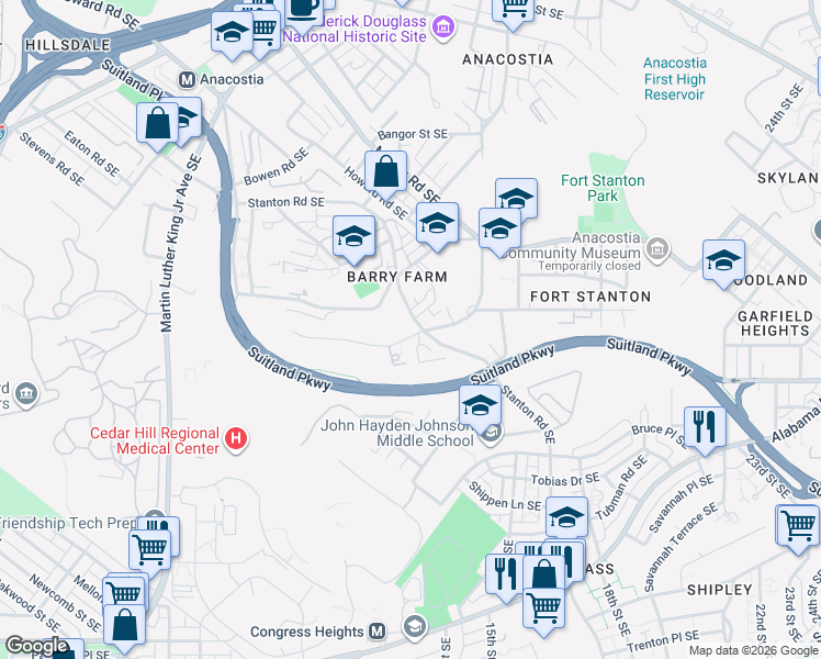 map of restaurants, bars, coffee shops, grocery stores, and more near 2419 Elvans Road Southeast in Washington