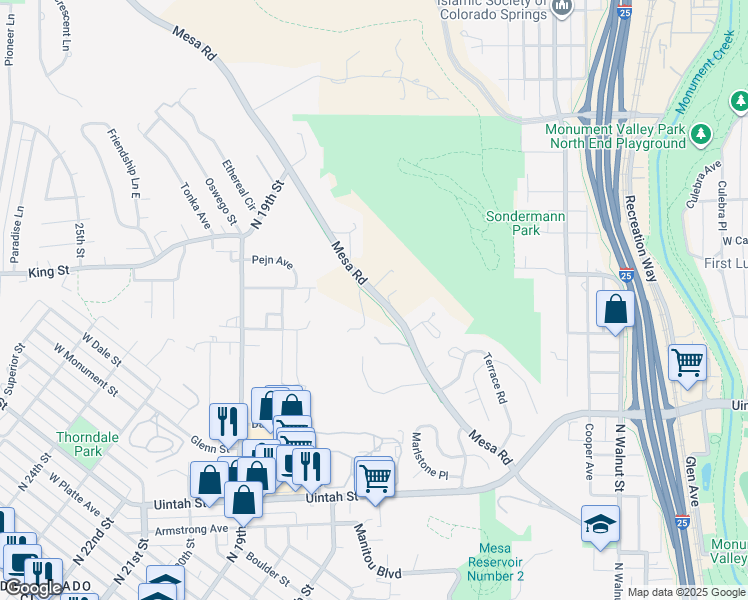map of restaurants, bars, coffee shops, grocery stores, and more near Palmer-Mesa Trail in Colorado Springs