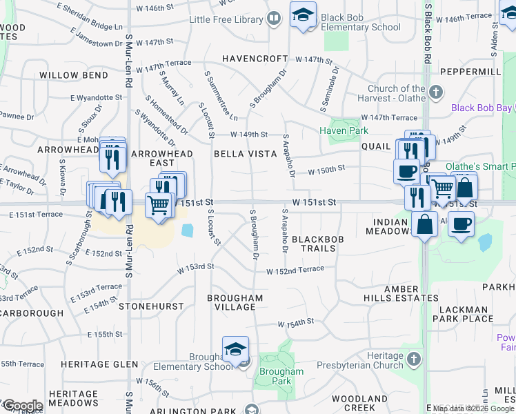 map of restaurants, bars, coffee shops, grocery stores, and more near 15101 South Brougham Drive in Olathe