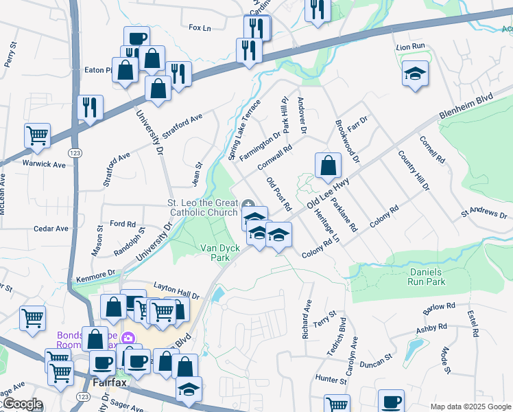map of restaurants, bars, coffee shops, grocery stores, and more near 3511 Spring Lake Terrace in Fairfax