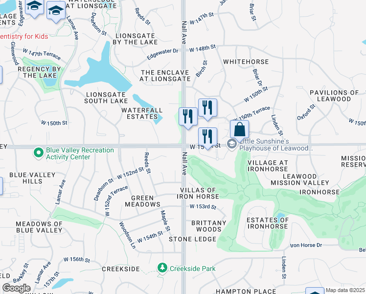 map of restaurants, bars, coffee shops, grocery stores, and more near Nall Avenue & West 151st Street in Overland Park