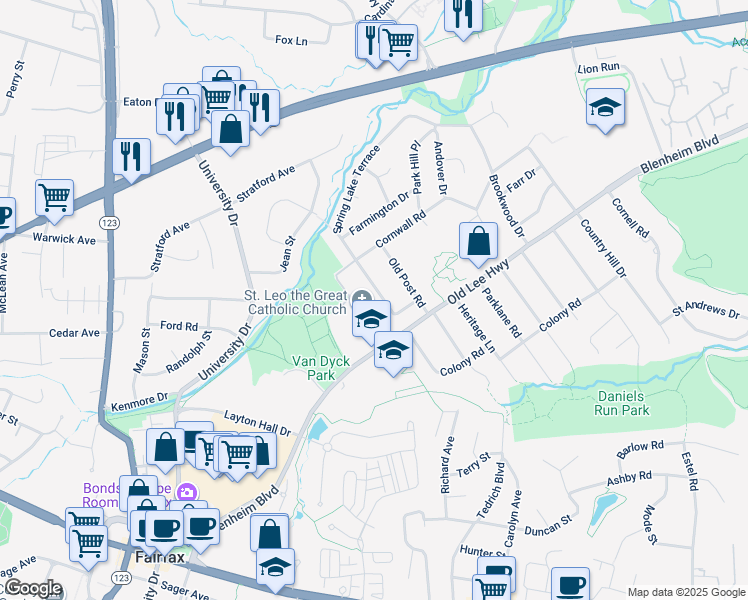 map of restaurants, bars, coffee shops, grocery stores, and more near 3511 Spring Lake Terrace in Fairfax