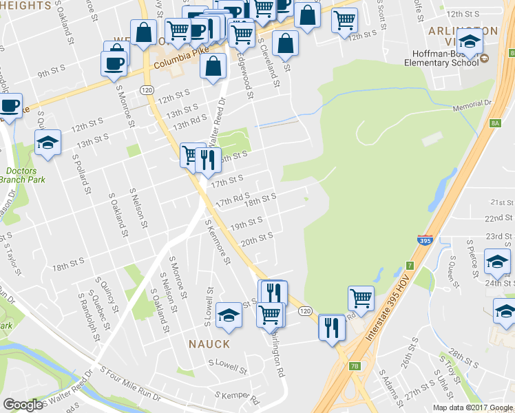 map of restaurants, bars, coffee shops, grocery stores, and more near 2904 18th Street South in Arlington