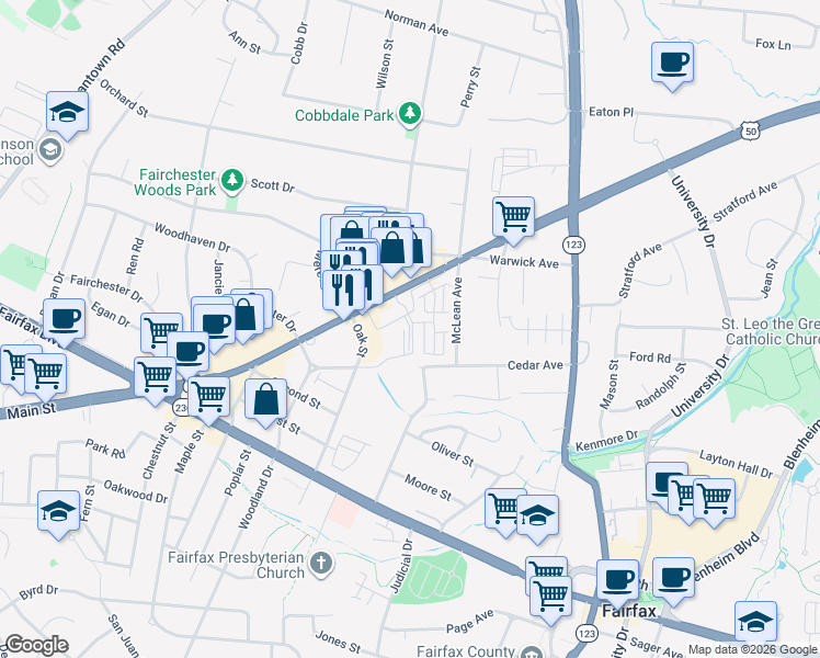 map of restaurants, bars, coffee shops, grocery stores, and more near 10675 U.S. 29 in Fairfax