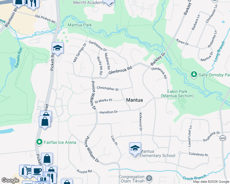 map of restaurants, bars, coffee shops, grocery stores, and more near 9127 Christopher Street in Fairfax