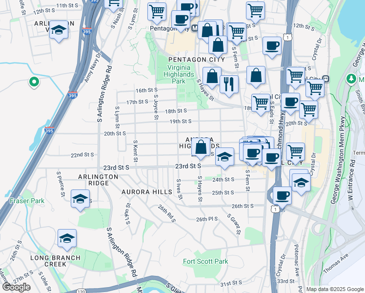 map of restaurants, bars, coffee shops, grocery stores, and more near 830 21st Street South in Arlington