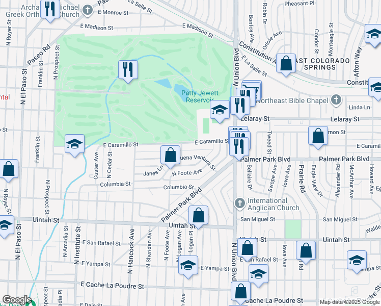 map of restaurants, bars, coffee shops, grocery stores, and more near 1516 East Buena Ventura Street in Colorado Springs