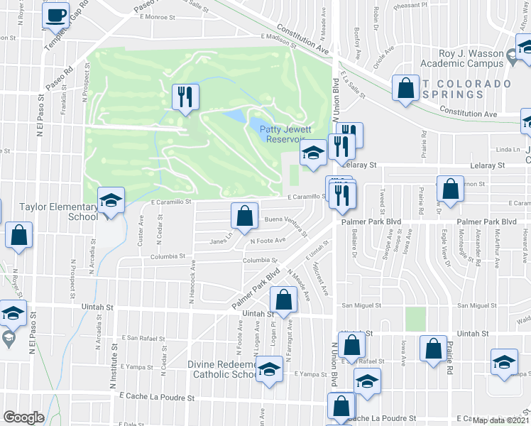 map of restaurants, bars, coffee shops, grocery stores, and more near 1412 East Buena Ventura Street in Colorado Springs