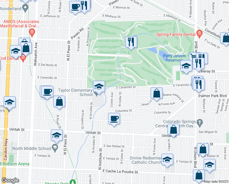 map of restaurants, bars, coffee shops, grocery stores, and more near 1512 North Cedar Street in Colorado Springs
